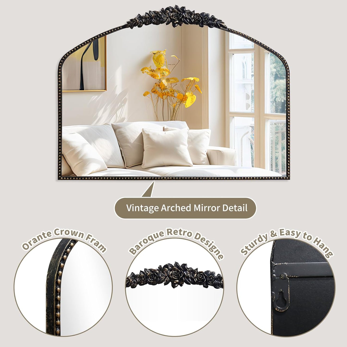 Black Brushed Gold Antique Mirror, 40"x31", Traditional Vintage Mirror with Ornate Metal Frame, Baroque Style for Fireplace, Entryway, Bathroom, Living Room, Hallway