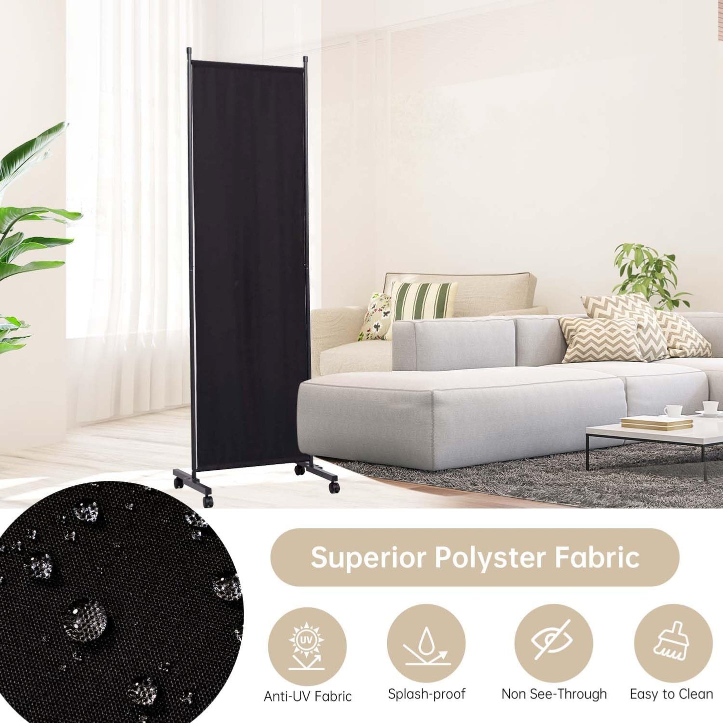 Room Divider 6 Panel Room Dividers/Wheels, Fabric Room Divider Panel for Office Room Partitions and Dividers, Portable Partition Wall Divider for Room Separation, Privacy Screen (Black, Wheel-22'')