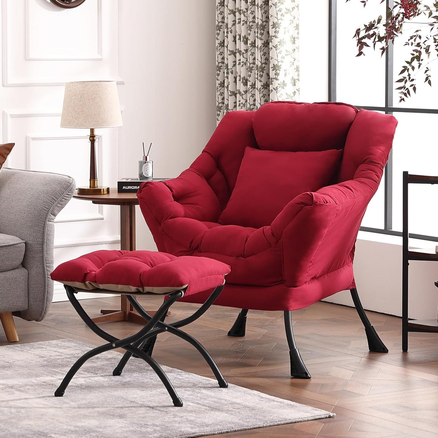 Lazy Chair with Ottoman, Modern Lounge Armchair with a Pillow, Leisure Sofa Armchair Set, Reading Chair with Footrest for Living Room, Bedroom, Office, Dorm Room, Peach Burgundy