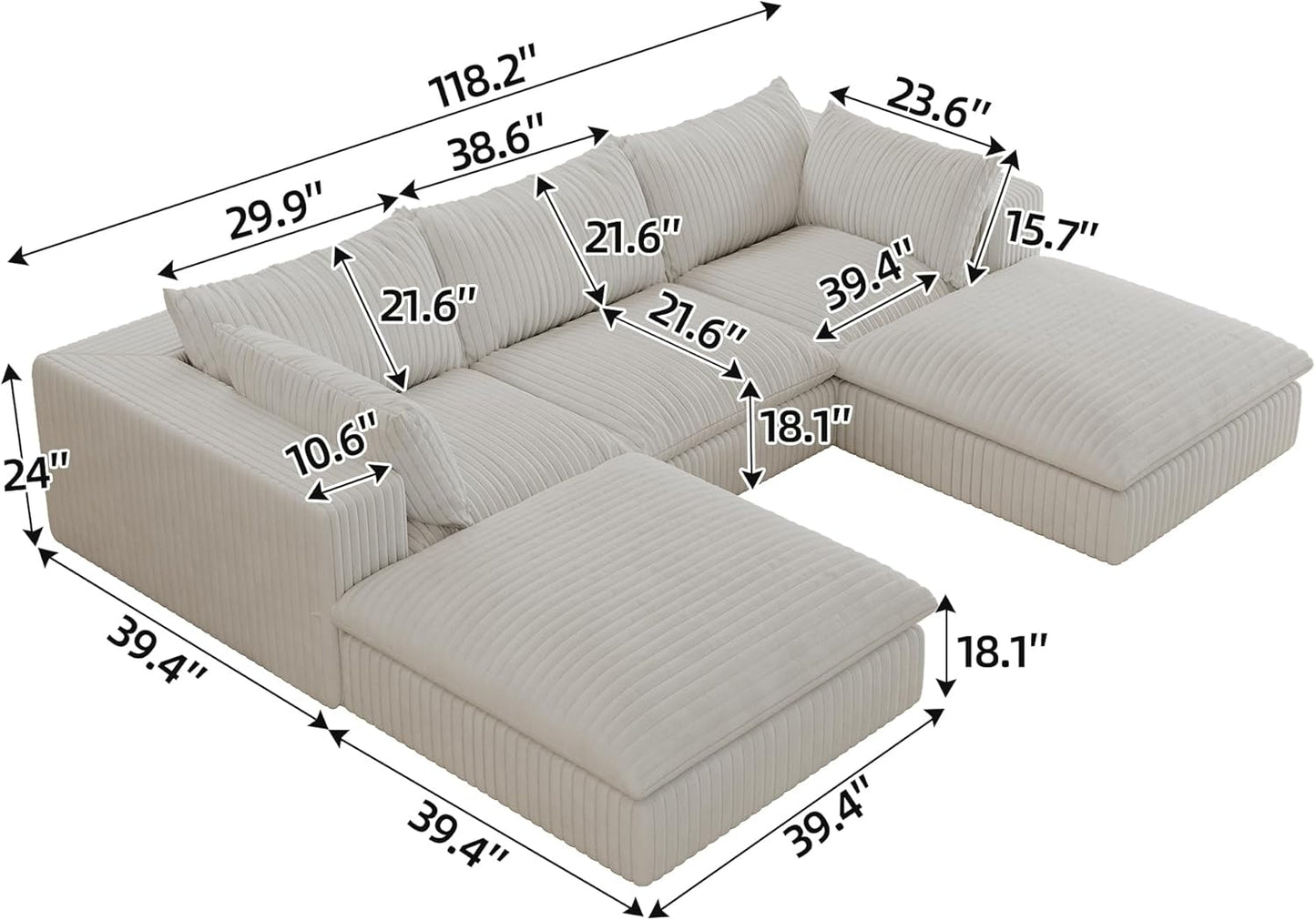 Down Filled Boneless Sectional Sofa Cloud Couch with Movable Ottomans, 118 inch Convertible U Shaped Lounge Couch w/Deep Seat, Fluffy Corduroy Upholstered Compress Modular Sofa