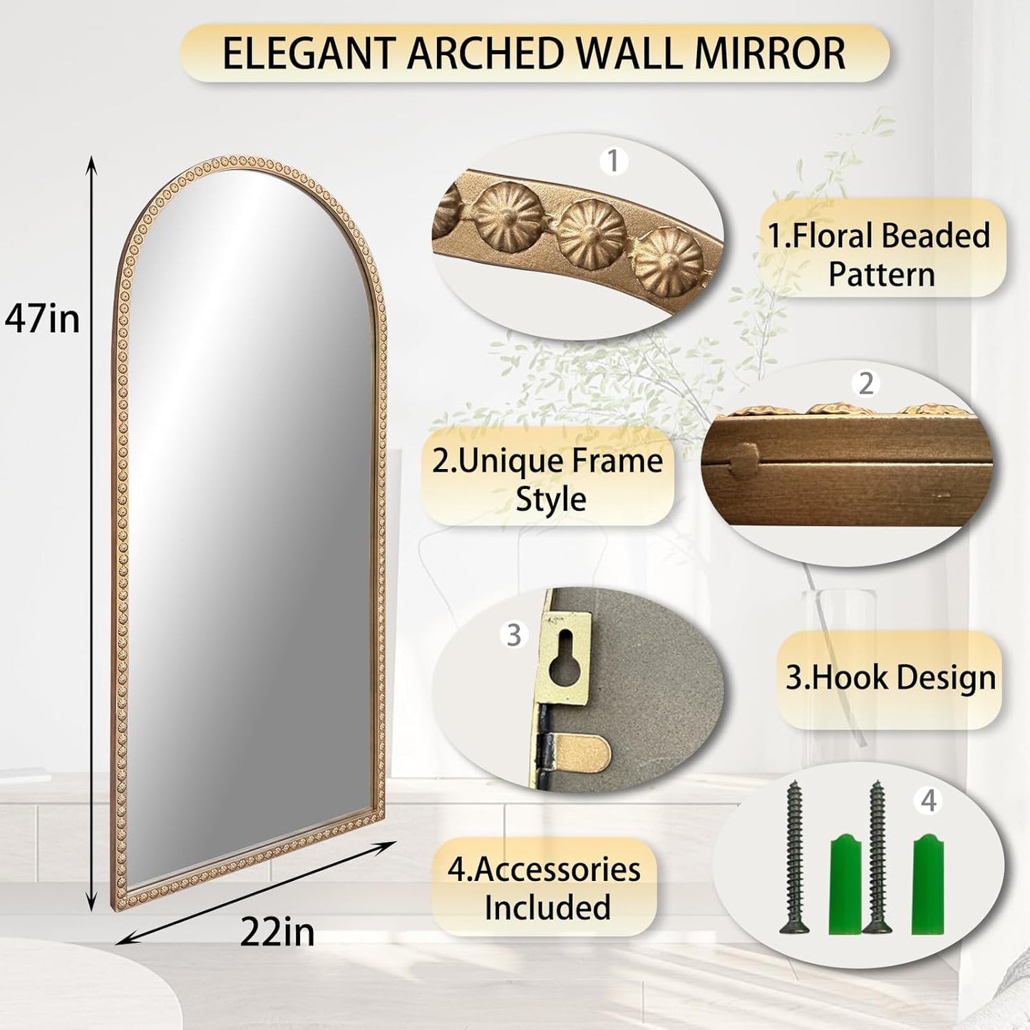 Gold Arched Mirror, 22"x47" Arch Vanity Mirrors for Bathroom, Decorative Accent Mirror with Metal Beaded Frame, Large Vintage Mirrors for Fireplace Bedroom Entryway Hallway Living Room