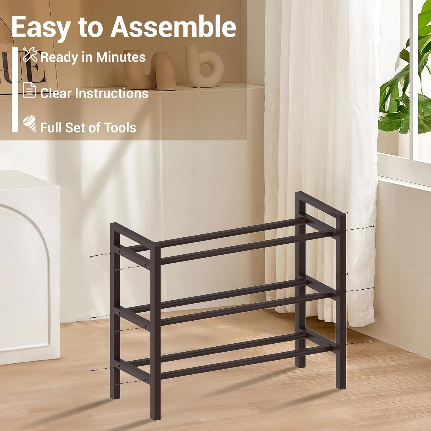 Haddockway Bamboo Shoe Rack for Closet, Free Standing Shoe Organizer with Smooth Round Rods & Convenient Handles, Stackable Shoe Storage Shelf for Entryway, Hallway(Brown, 3-Tier(Small))