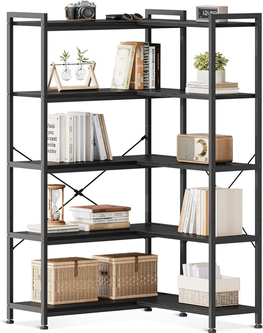 Casaottima Corner Bookshelf 5 Tier, 57 Inches Reversible Book Shelf for Living Room, Industrial Wooden Bookcase with Open Shelves and Metal Frame for Bedroom, Home Office, Kitchen, Black