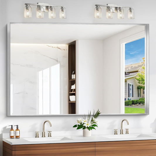 Silver Bathroom Mirror, 60x40 Inch Rectangular Framed Mirror, Large Wall Mounted Bathroom Vanity Mirror Over Sink for Bedroom,Restroom, Living Room, Hangs Vertically or Horizontally