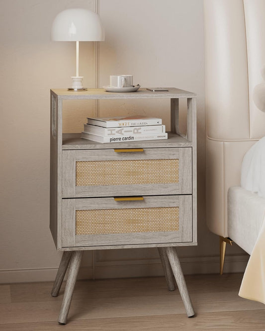 Rattan Nightstand,Farmhouse Bedside Table with 2 Storage Drawer and Open Wood Shelf, for Bedroom and Small Spaces,Night Stand with Solid Wood Legs (Grey Oak)