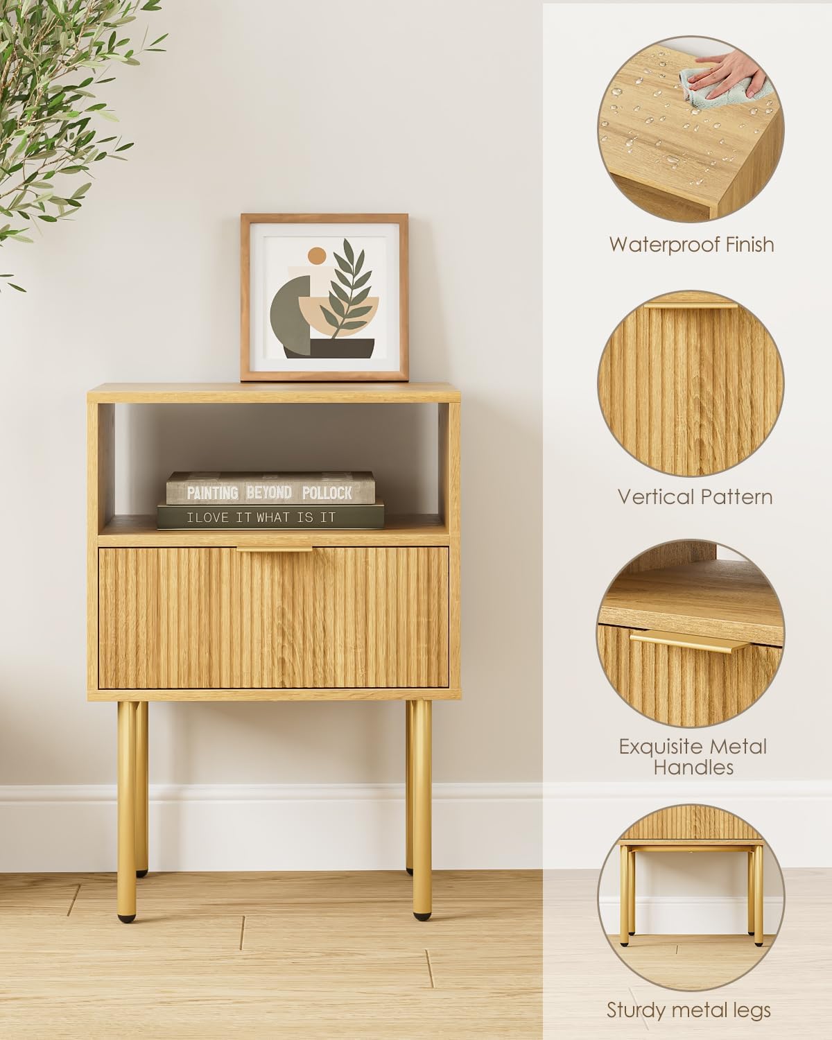 Nightstand,Morden Bedside Table with Gold Frame,Small White Night Stand,End Table,Bedside Furniture,Side Table with Drawer and Shelf for Bedroom,Living Room (1Drawer, Oak)