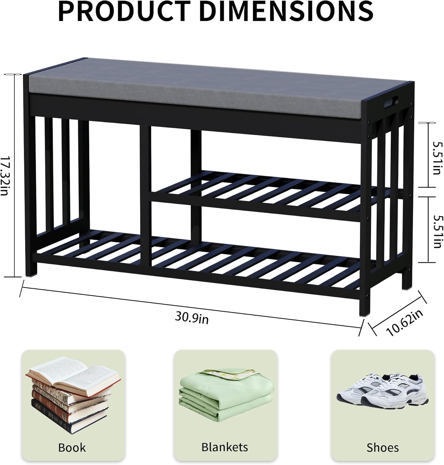 Shoe Rack Bench with Cushion,2 Tiers Shoe Bench with Flip-Top Storage,Wood Shoe Rack for Entryway, Hallway, Bedroom, Front Door Entrance (Black)
