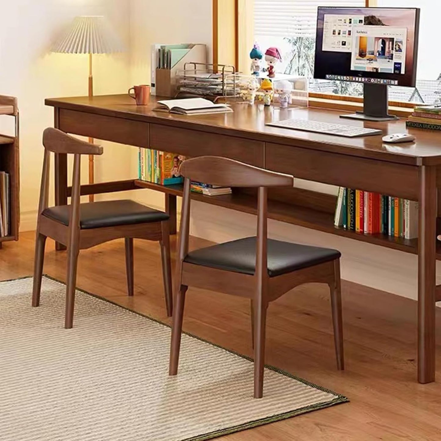 Solid Wood Dining Chairs Set of 2, Mid Century Dining Chairs, Upholstered PU Leather Chairs with Wide Curved Backrest, Chairs for Dining Room, Kitchen, Walnut Finish