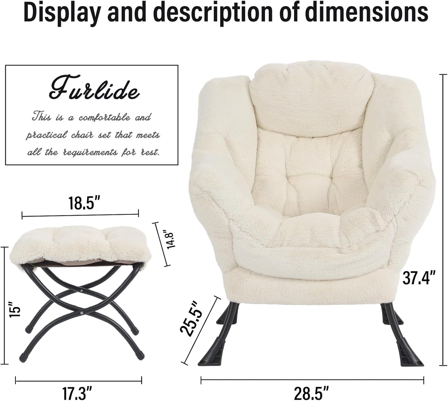 Lazy Chair with Ottoman, Modern Chair with Folding Footrest, Lounge Accent Chair, Comfortable Reading Chair for Bedroom, Study, Living Room, Courtyard (Plush Beige)