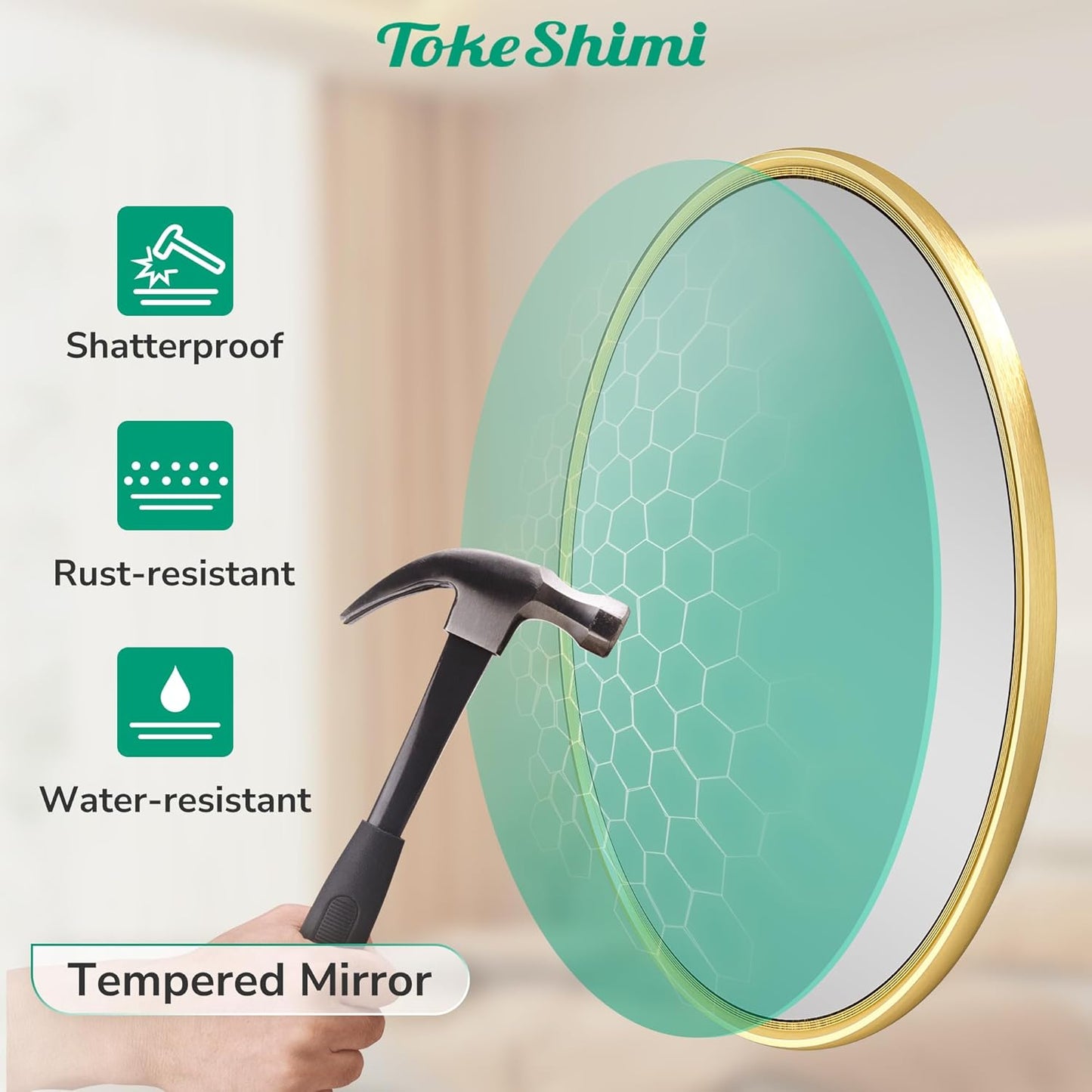 TokeShimi 16 in Round Gold Mirror Framed, 16 x 16 Shatterproof Circle Bathroom Vanity Mirror Wall Mounted Aluminum Wall Mirrored Farmhouse for Entryway, Bedroom, Restroom, Vanity, Living Room