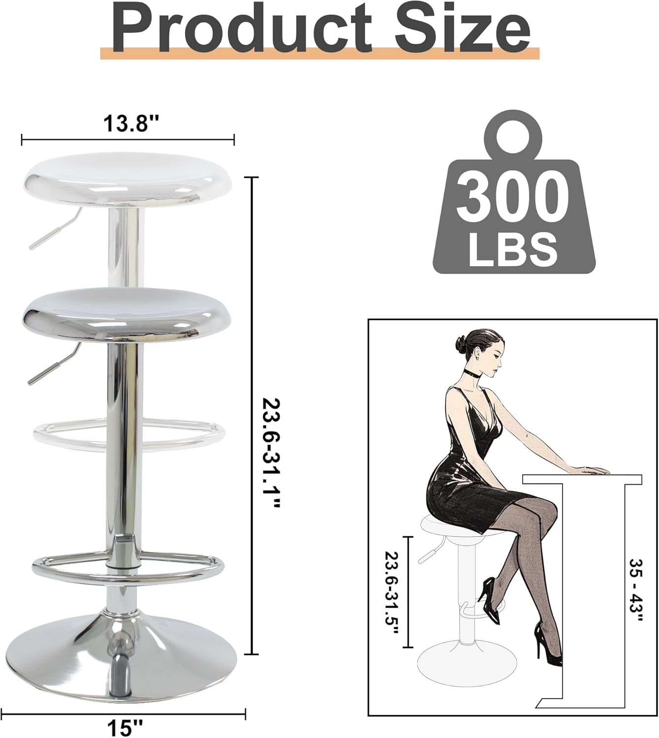 CAROLMADE Bar Stools Set of 2, Adjustable Metal Bar stools Swivel Counter Height Stool Backless Barstools for Kitchen Island Pub, Chrome