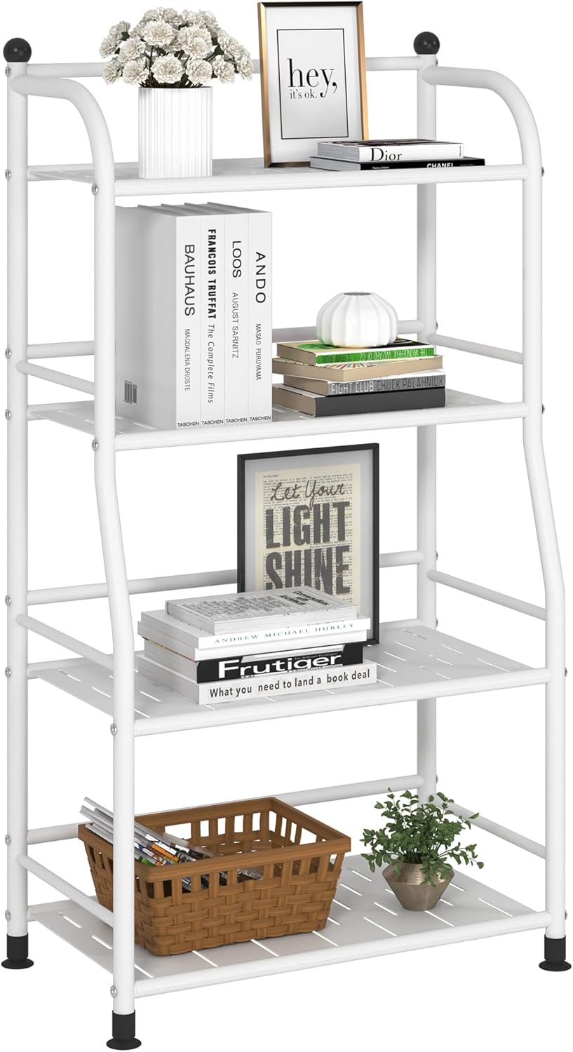 4 Tier Metal Shelf Storage Shelves Living Room Bookshelf Bathroom Corner Storage Rack for Kitchen,Indoor Plant Stand (Matte White, 4 Tier)