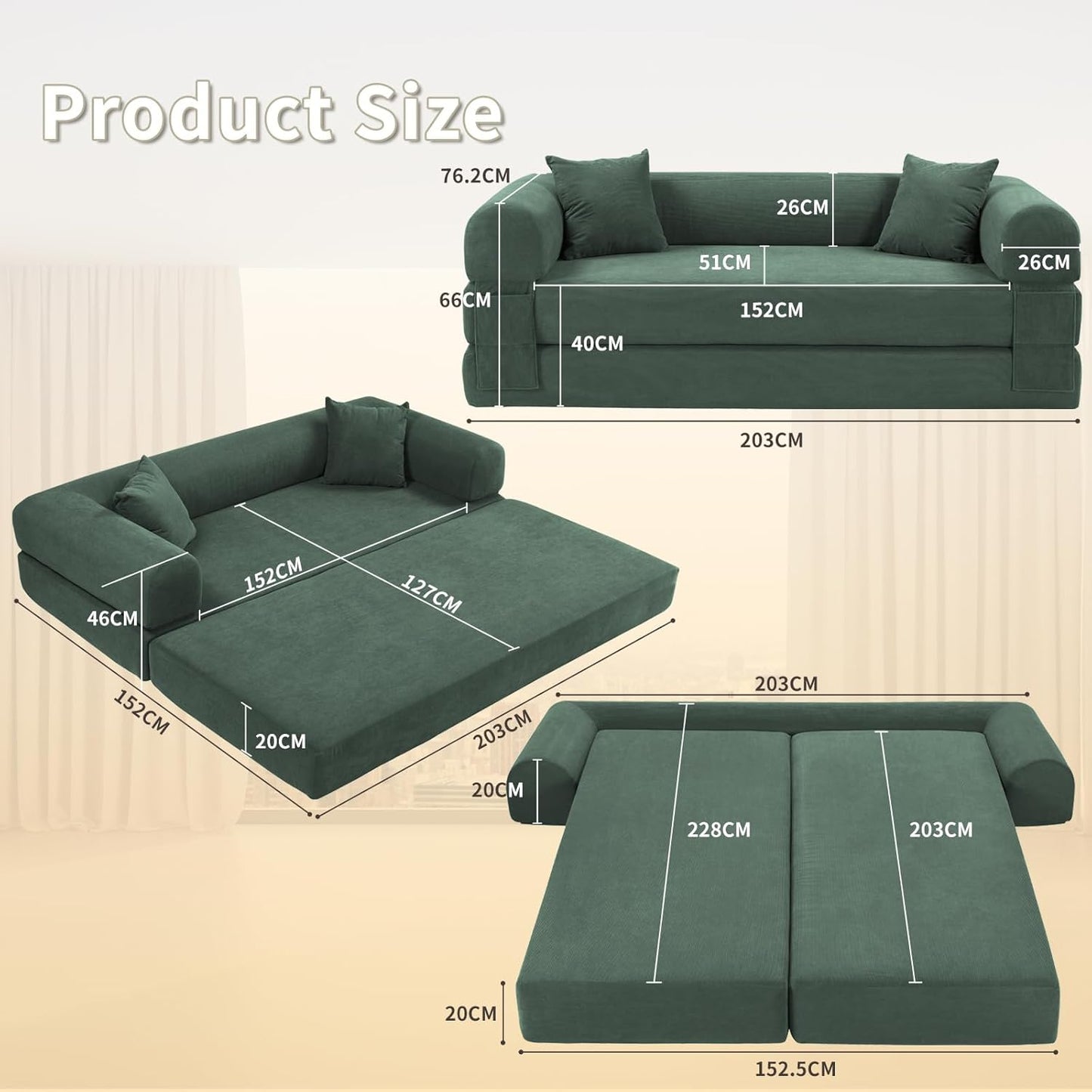 80" Convertible Sofa Bed, 3-in-1 Corduroy Folding Pull Out Couch with Pillows, No Assembly Modern Boneless Couch Compression Sofa in Box, Floor Sofa with Side Storage for Living Room,Light Green
