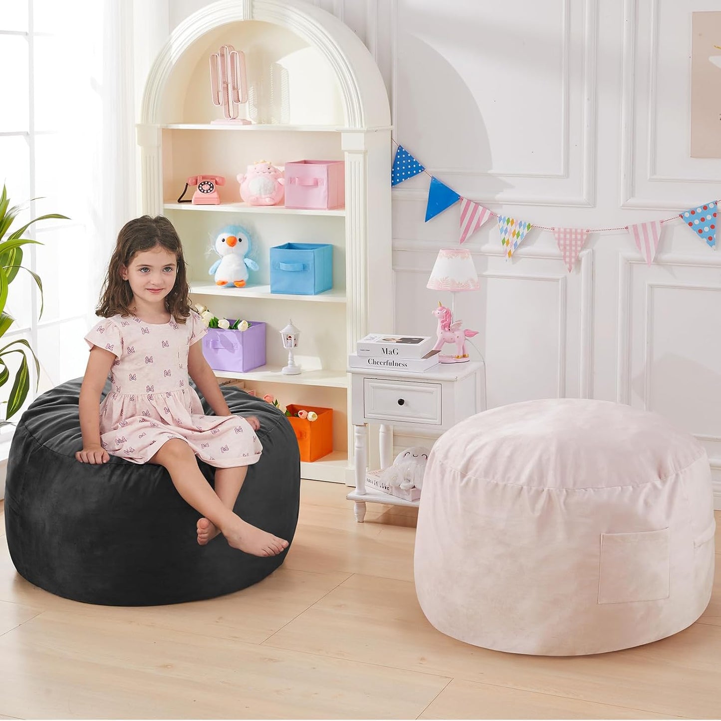 Kids Bean Bag Chair Bed - Convertible Lazy Chair to Floor Mattress with Filler - Small Beanbag Chair for Boys and Girls - Floor Couch Sofa in Bedroom, Classroom, Reading Nook - Carbon Black