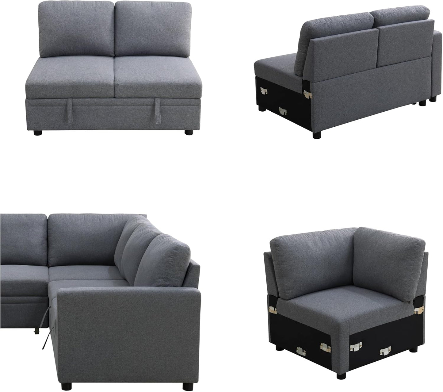 4-Piece L Shaped Sofa Set with Storage Chaise, Convertible Pull Out Couch with Movable Ottoman, Modular Sectional Sofa for Living Room, Apartment, Office, Gray