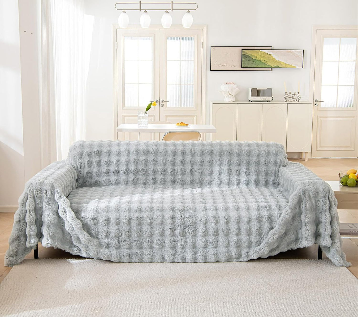 VM VOUGEMARKET Thick Faux Rabbit Fur Couch Cover 1-Piece Non-Slip Warm Soft Cozy Sofa Covers,Fluffy Plush Sofa Slipcover Furniture Protector for Kids,Pets(Grey,71" x 118")