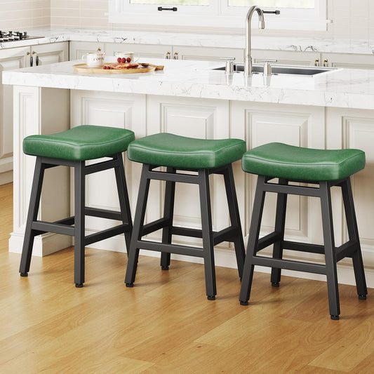 Counter Height Bar Stools Set of 3, 24 Inch Barstools for Kitchen Counter, Kitchen Stools with Faux Leather Saddle Seats & Heavy Duty Metal Legs, Easy Assembly, Forest Green