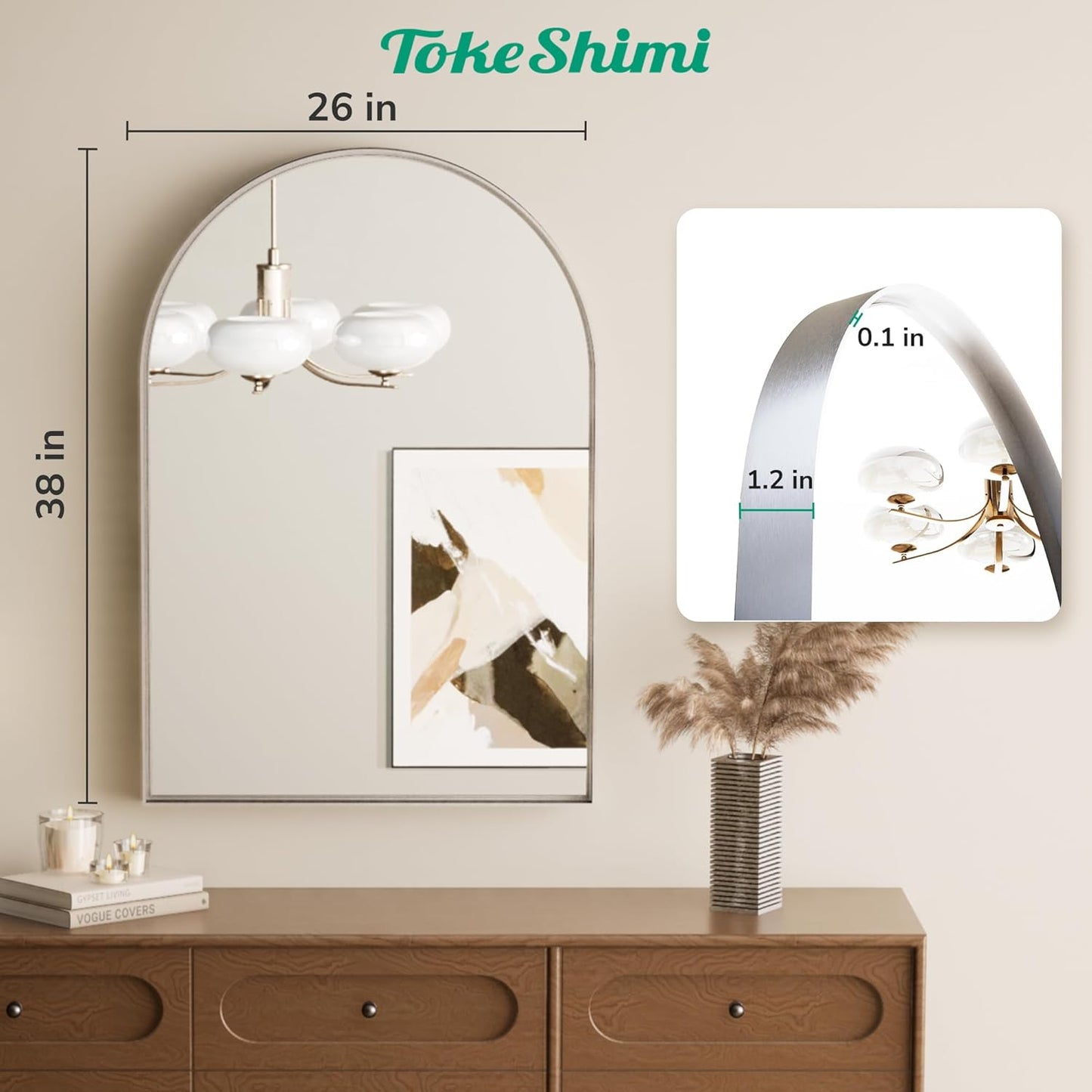 TokeShimi 26x38 Silver Arched Mirror Bathroom with Tempered Glass,Aluminum Frame,Arched Wall Mirror for Bathroom,Bedroom,Entryway