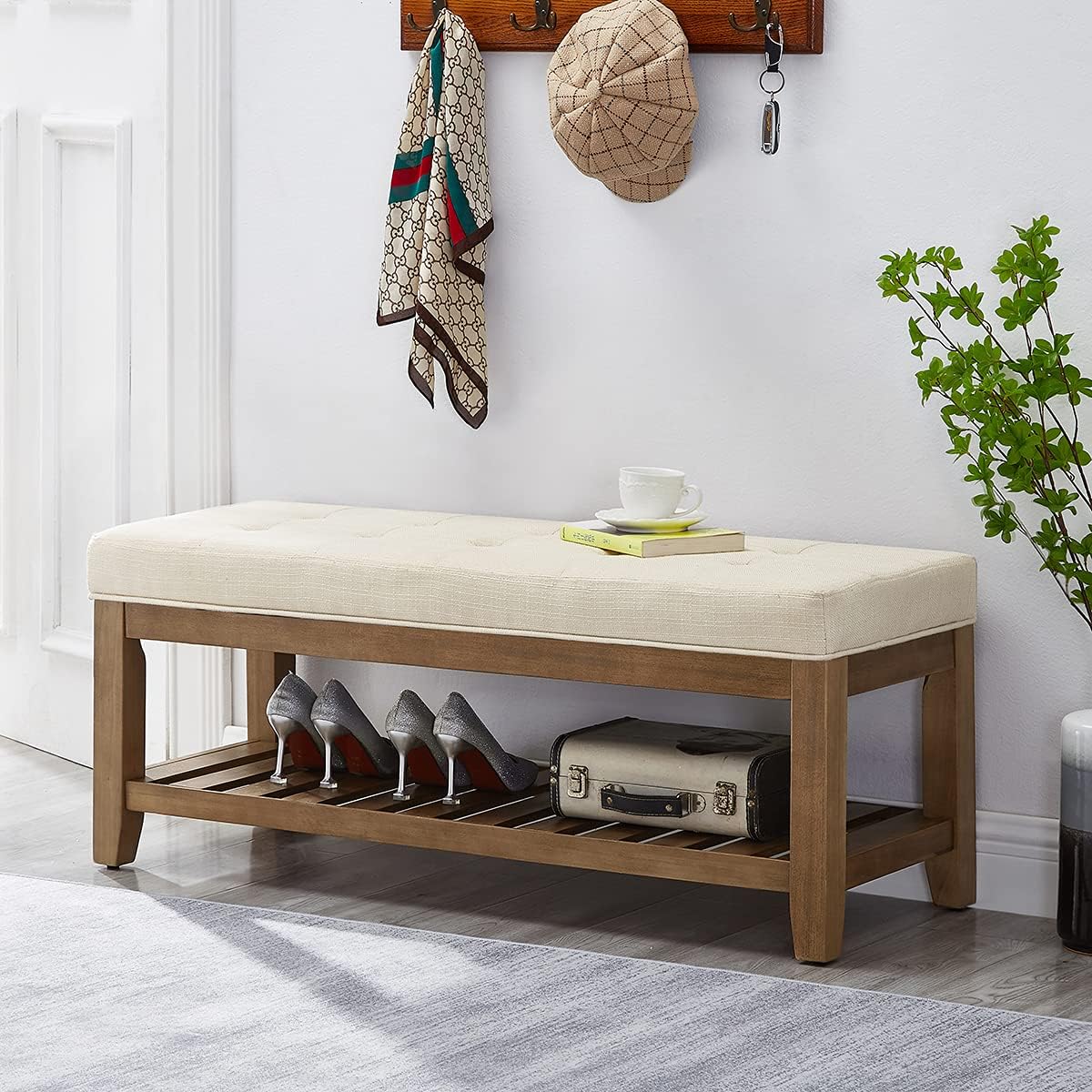 24KF Large Rectangular Upholstered Tufted Linen Ottoman Bench, Padded Bench with Solid Wood Shelf-Ivory