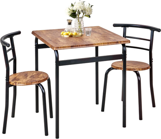VECELO Dining Table Set for 2, 3-Piece Modern Dinette with Chairs for Small Space, Kitchen, Breakfast Nook, Brown