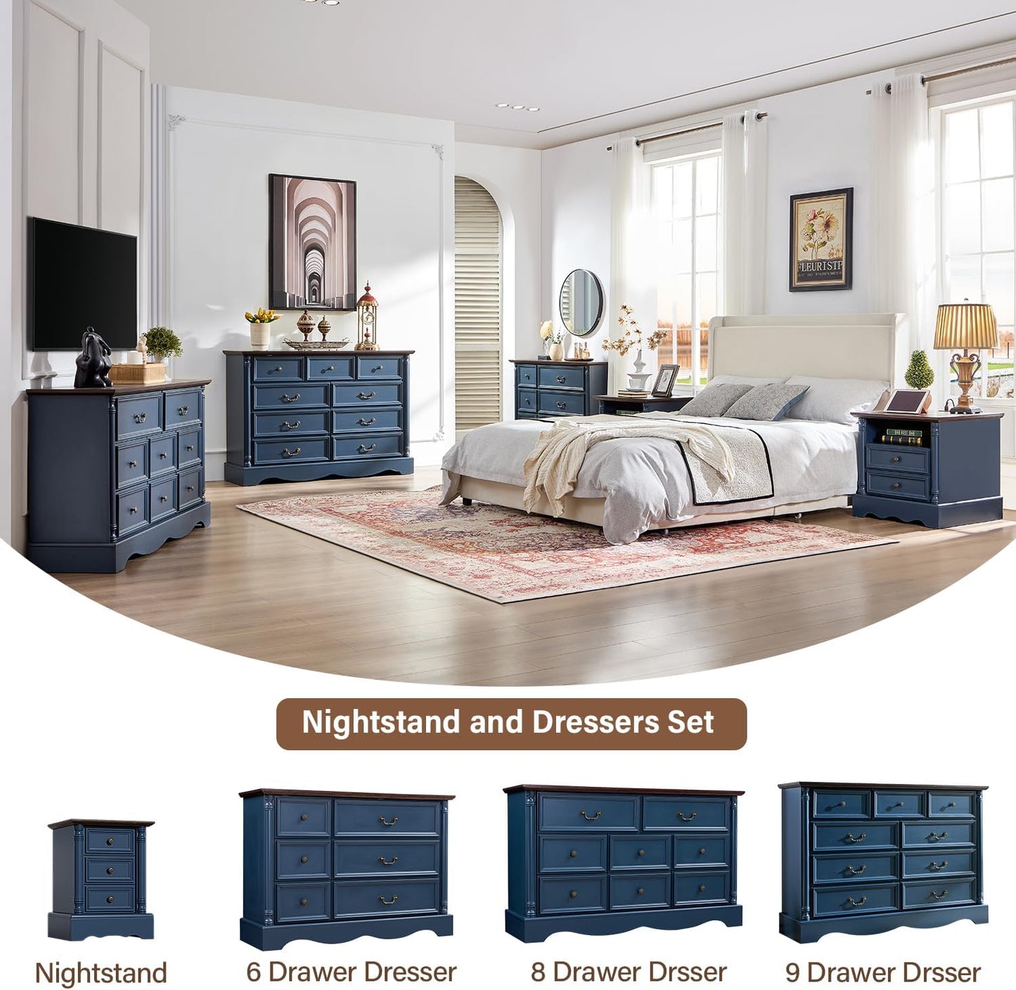 Farmhouse 6 Drawers Dresser for Bedroom with Charging Station, Wood Country Rustic Storage Dressers Organizer, Vintage Design