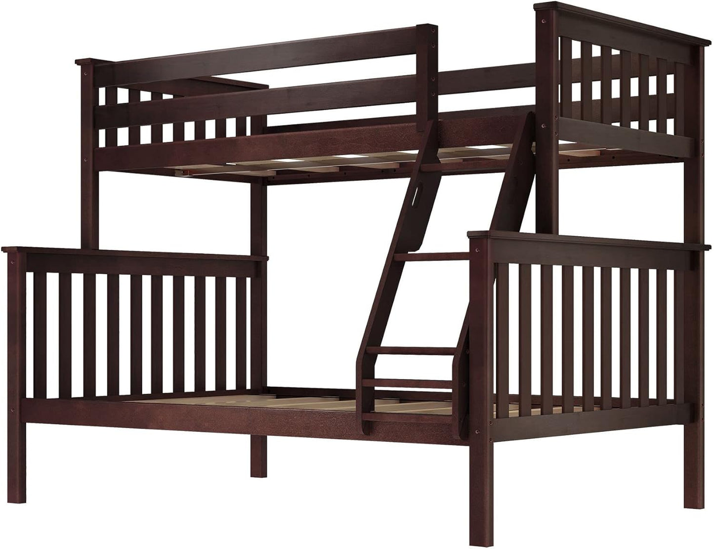 Max & Lily Bunk Bed Twin Over Full Size with Ladder, Solid Wood Platform Bed Frame with Ladder for Kids, 14" Safety Guardrails, Easy Assembly, No Box Spring Needed, Espresso