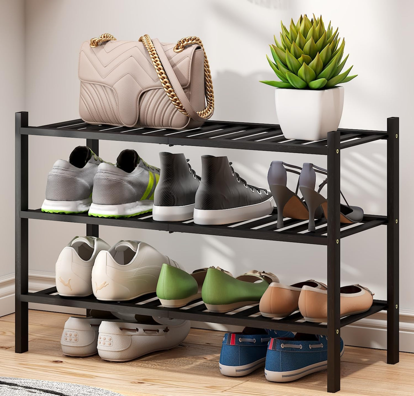3-Tier Black Bamboo Shoe Rack for Entryway, Stackable | Foldable | Natural, Shoe Shelf Storage Organizer for Hallway Closet, Free Standing Shoe Racks for Indoor Outdoor