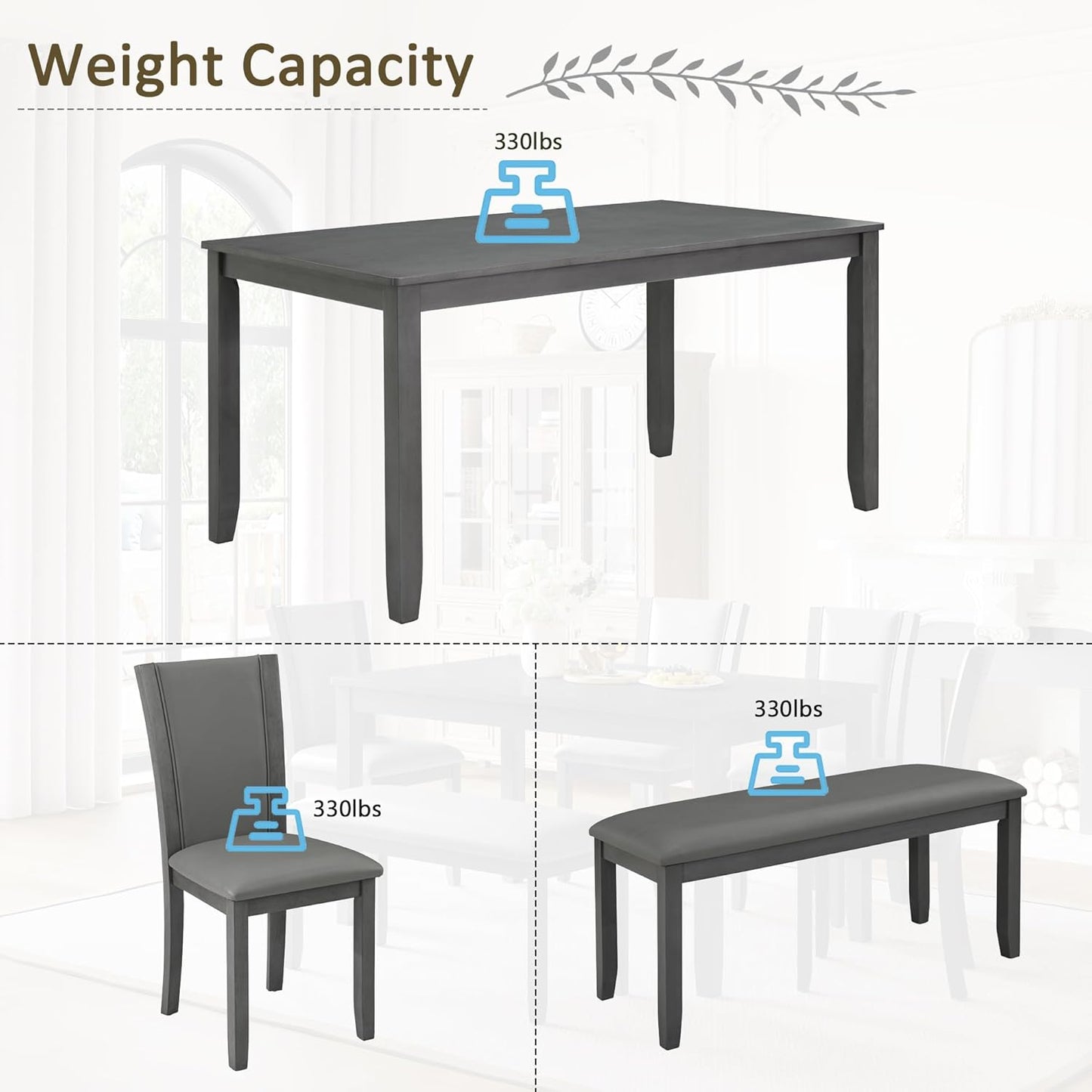 Ball & Cast 6 Piece Dining Table Set with 4 Upholstered Chairs & 1 Bench,Farmhouse Wooden Living Room Furniture for 6 W/ 58.5" Rectangle Kitchen Desk,for Restaurant,Home Bistro,Dining Room,Gray