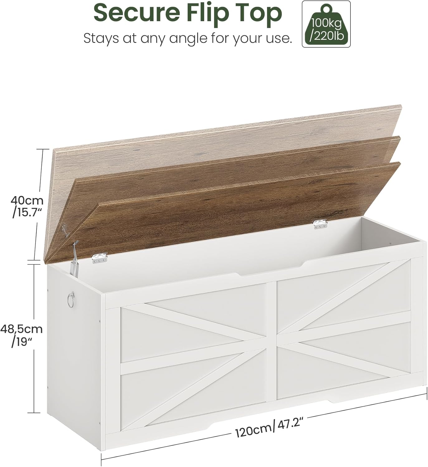 Storage Chest, 47.2" Wooden Storage Trunk, Modern Storage Bench with Safety Hinge, Toy Box, Farmhouse Style, for Bedroom, Living Room, Walnut and White MCW16WL