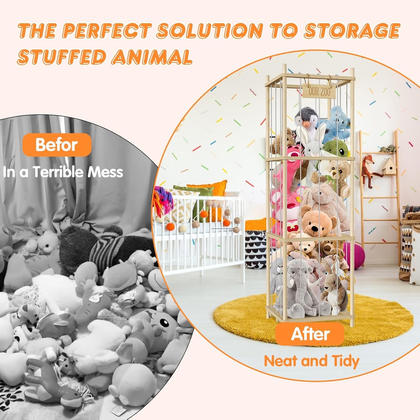 Stuffed Animal Storage, Wood Stuffed Animal Zoo Storage, 54 inch Large Plushy Organizers, Space Save Vertical Stuffed Animals Holder Holds 50+ Stuffed Animals for Nursery Playroom Bedroom (Log Color)