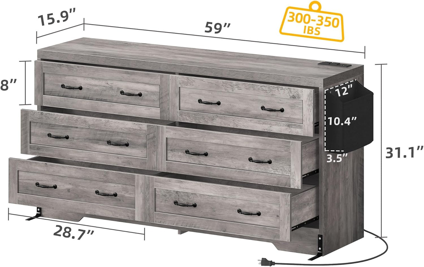 YITAHOME 6 Drawers TV Stand for 65 inches with Power Outlets -Chest of Drawers Dresser with Side Organizer Bag Entertainment Center TV Console, Grey