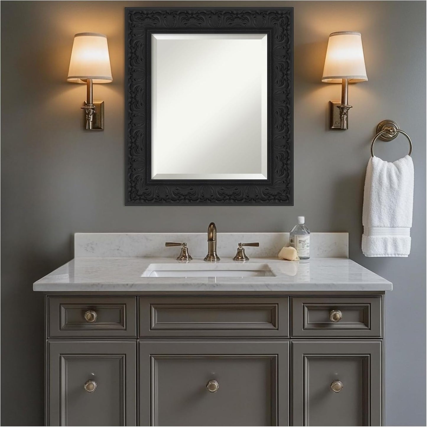 Amanti Art Black Bathroom Mirror for Over Sink, 27x23 Luxe Black Rectangle Vanity Mirror, Small Traditional Frame, Hangs Horizonally and Vertically, Bathroom Wall Decor, Beveled Edge