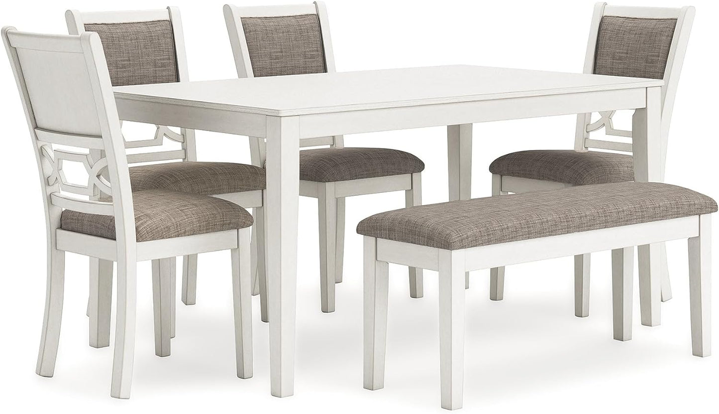 Signature Design by Ashley Erinberg Casual Dining Table with 4 Armless Upholstered Chairs and Bench, Set of 6, White & Light Gray