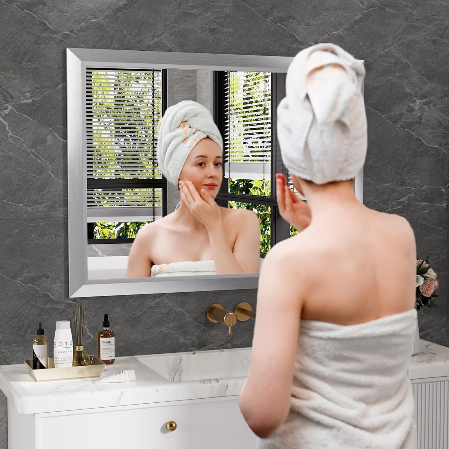 Amorho 40x30 Inch Bathroom Mirror Silver, Thick Metal Framed Wall Mirrors for Over Sink, Brushed Nickel Mirror Perfect for Bedroom, Living Room, Entryway, Rectangle (Horizontal/Vertical).