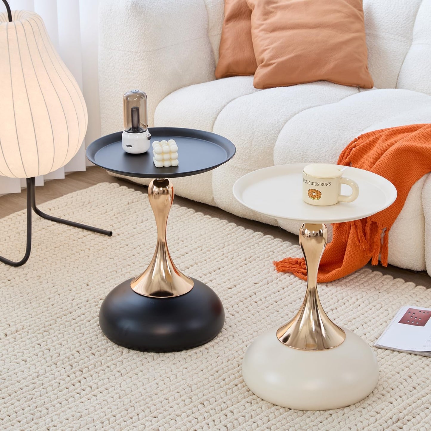Modern Round Side Table with Gold Pedestal Base, Black Metal Top, Accent End Table for Living Room (Cream White+Black)