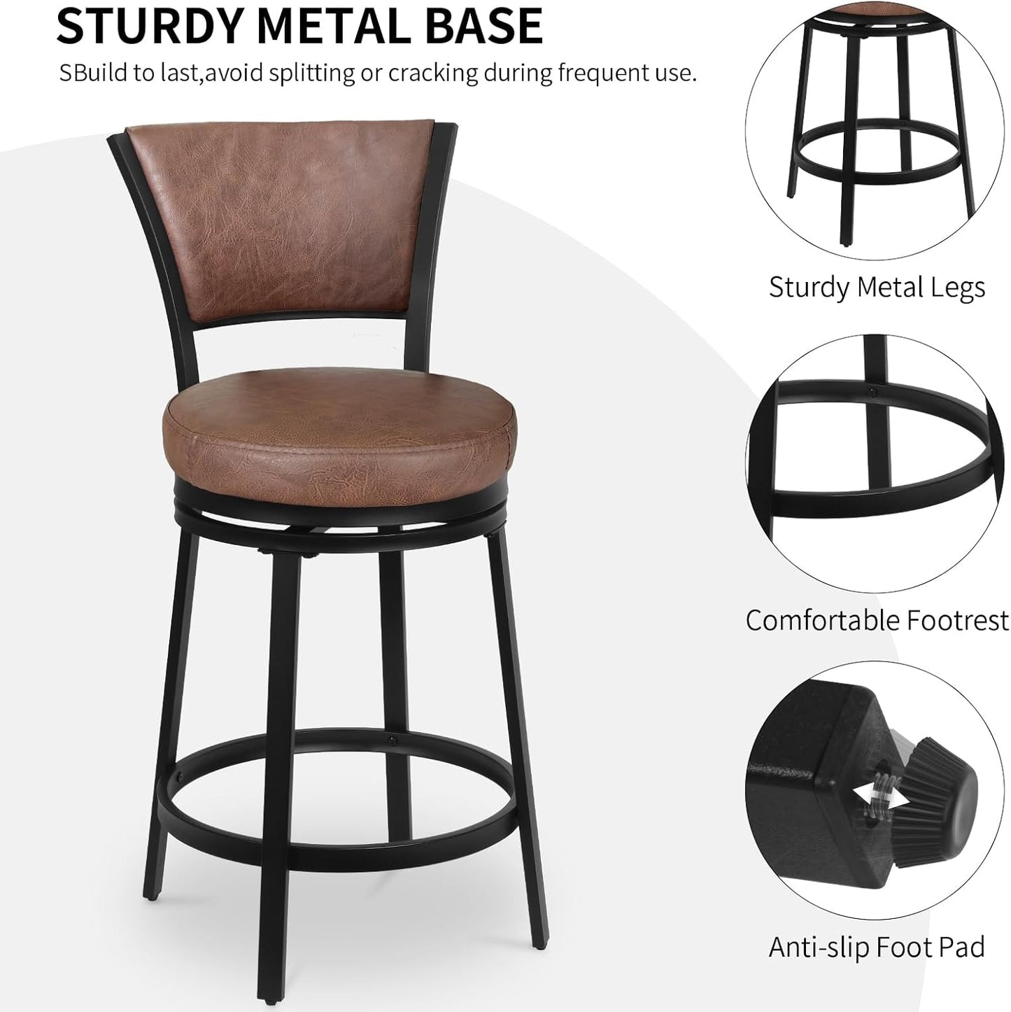 Bar Stools, Counter Height Barstools Set of 2, 25" Faux Leather Metal Round Swivel Bar Chairs with Back, Modern Upholstered Counter Stools for Kitchen Island, Brown