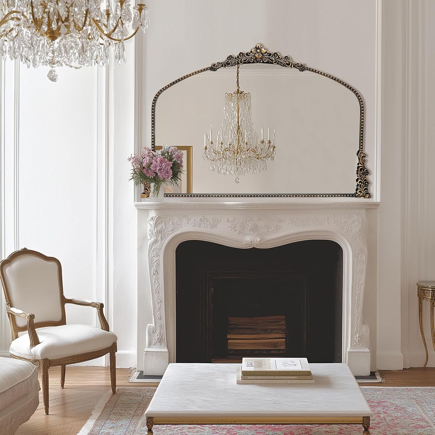 Vintage Arched Mirror, 40"x 30"Antique Baroque Mirror Style Metal Beaded Frame for Entryway Hallway Living Room,Vintage Black