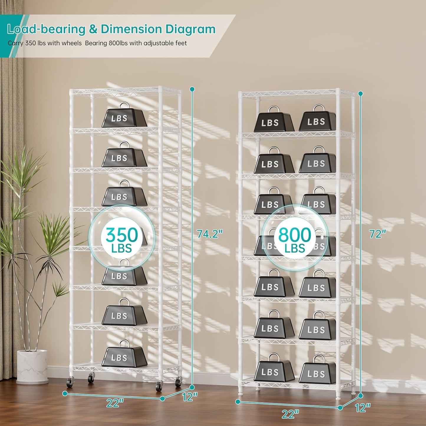 SINGAYE 8 Tier Shelf Organizer Storage Metal Shelves Garage Wire Shelving Unit Pantry Rack Adjustable Standing Storage for Kitchen Closet Laundry Bathroom Pantry 12" D x 22" W x 74" H White