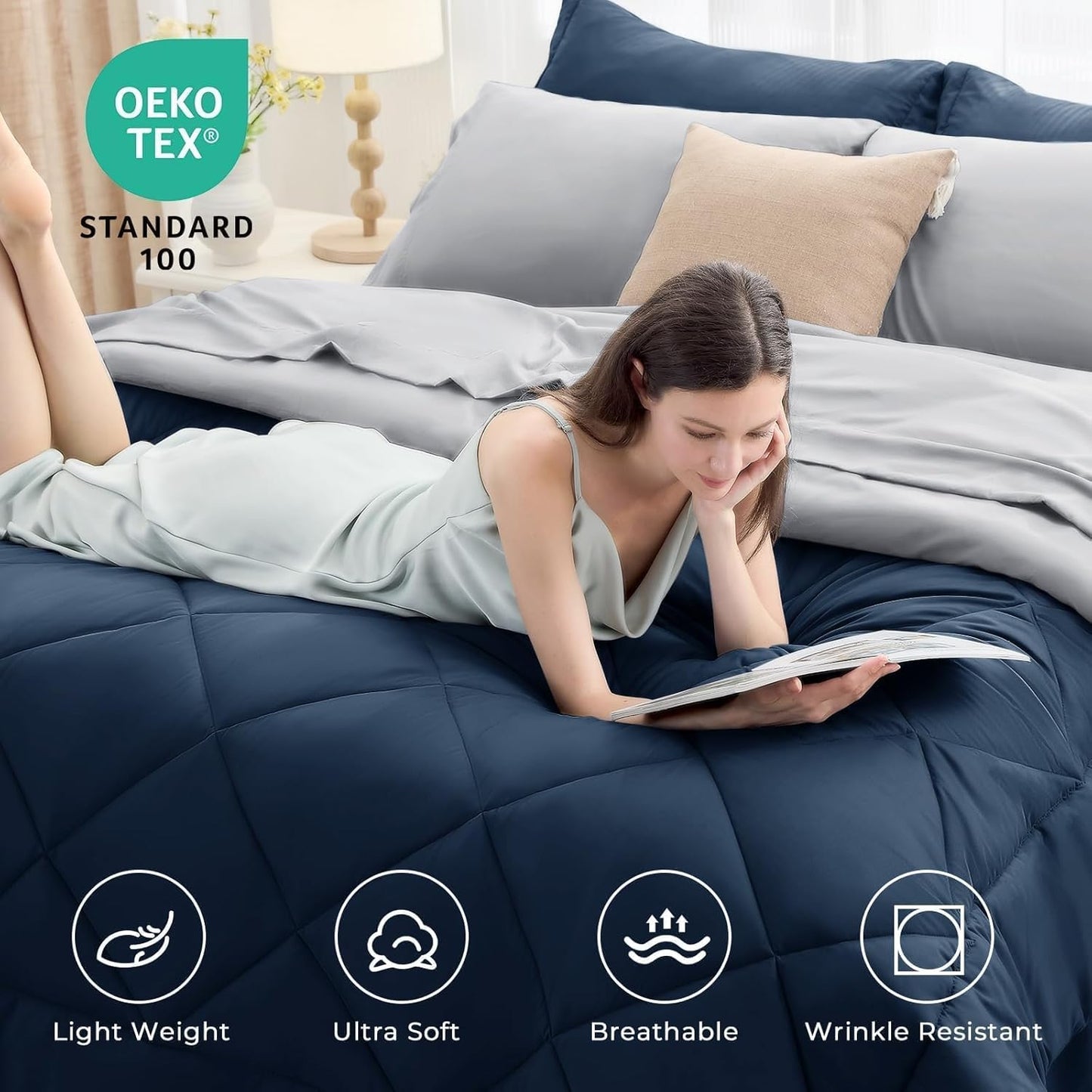 HEVUMYI Queen Comforter Set - 7-Piece All Season Bed in a Bag Queen, Ultra Soft Bedding Set with Comforter, Flat Sheet, Fitted Sheet, Pillowcases, Pillow Shams, Navy Blue & Light Grey