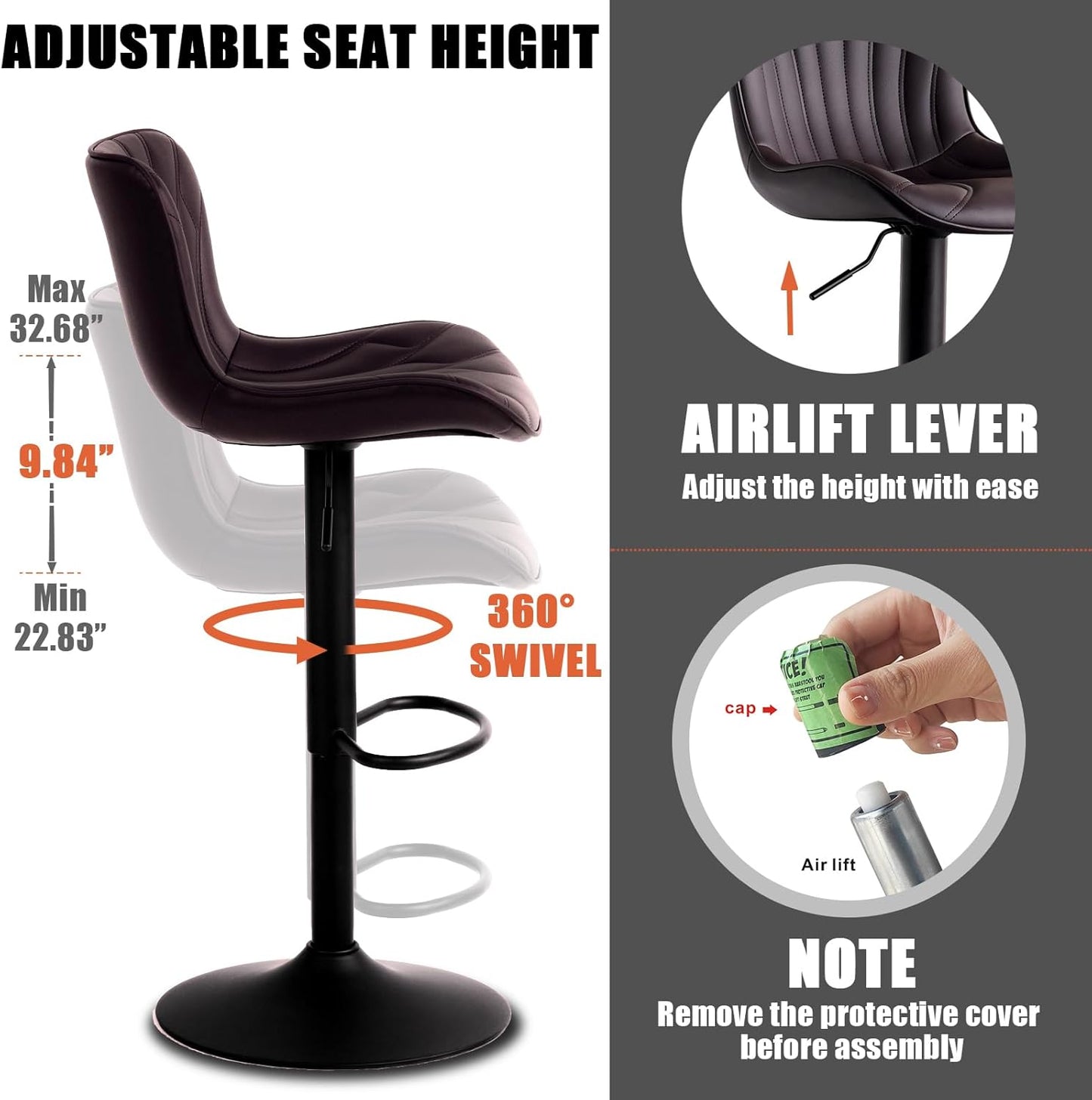 YOUNIKE 3 Brown Bar Stools Modern Swivel Counter Height Bar Chair with Back Adjustable Kitchen Island Faux Leather Padded Barstools taburetes de bar Breakfast sillas para barra de cocina 3PCS