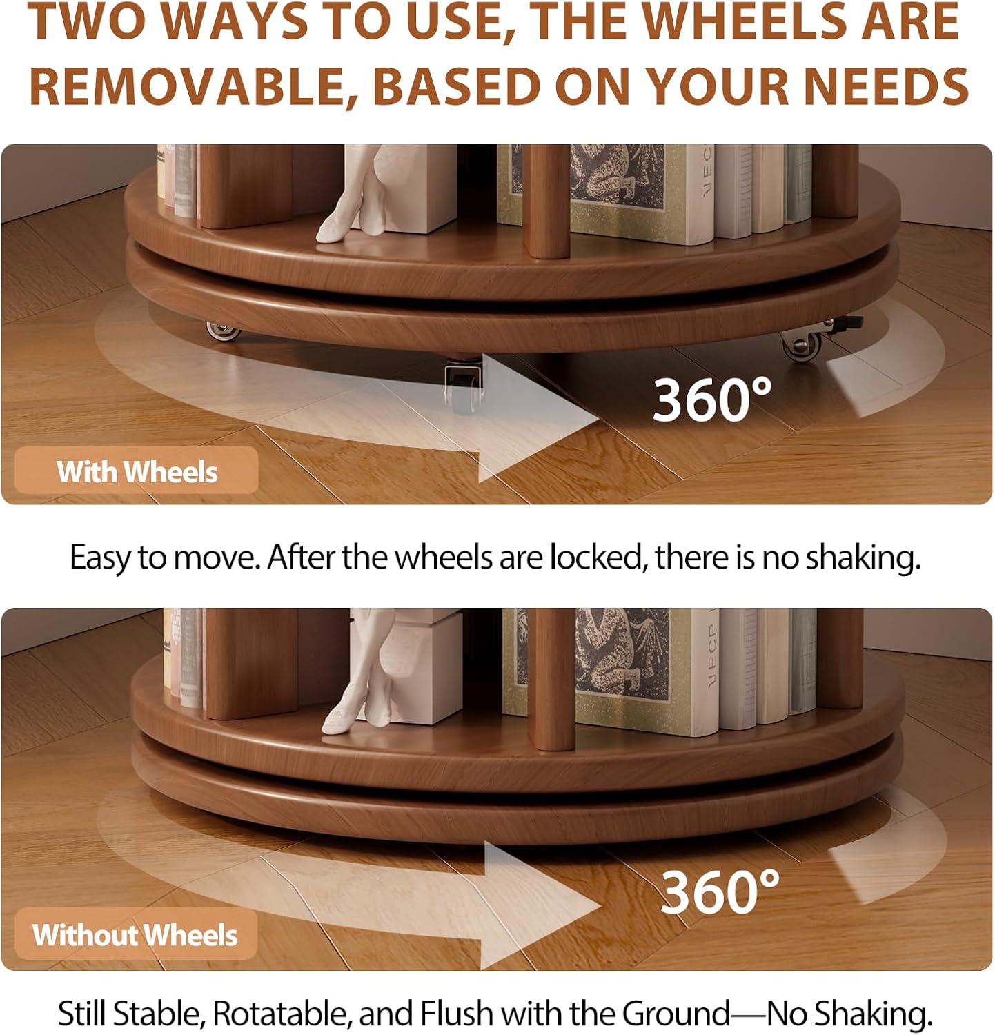 Solid Wood Rotating Bookshelf on Wheels, 5 Tier, Round Revolving Bookcase, 360° Spinning Book Shelf Tower for Kids, Narrow Rolling Bookshelves for Small Space, Corner, Bedroom, Office, Walnut