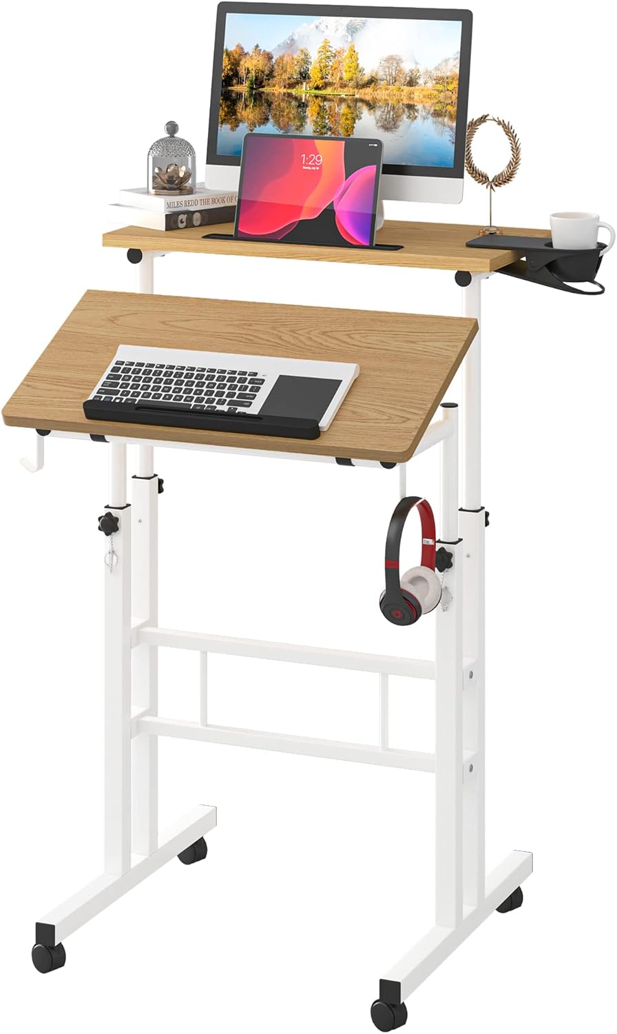 Klvied Mobile Standing Desk with Removable Cup Holder, Portable and Easy to Move, Ideal for Home or Office, Khaki