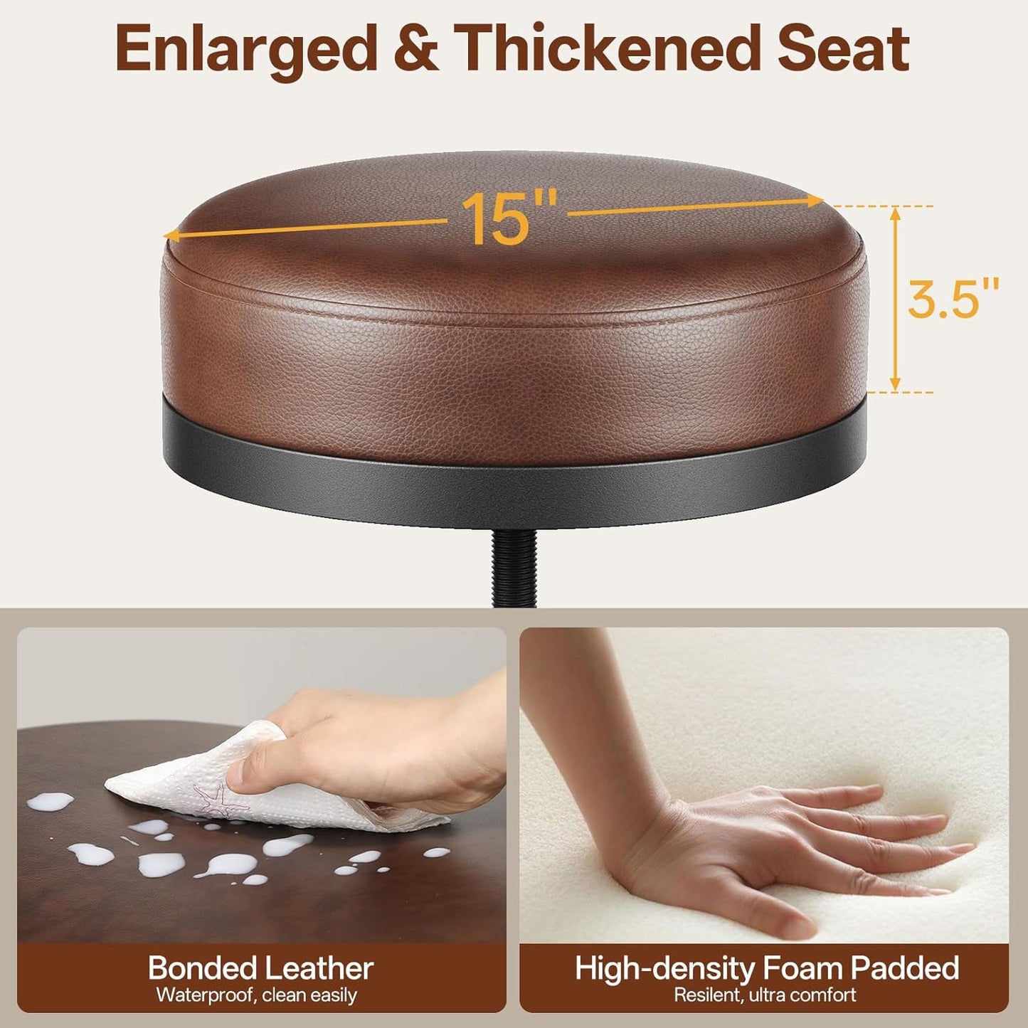 Adjustable Height Swivel Bar Stools Set of 2, 22-29 Inch Industrial Vintage Bar Counter Height Stools with Thicken Premium Bonded Leather Seats & Updated Footrests, Easy Assembly, Brown