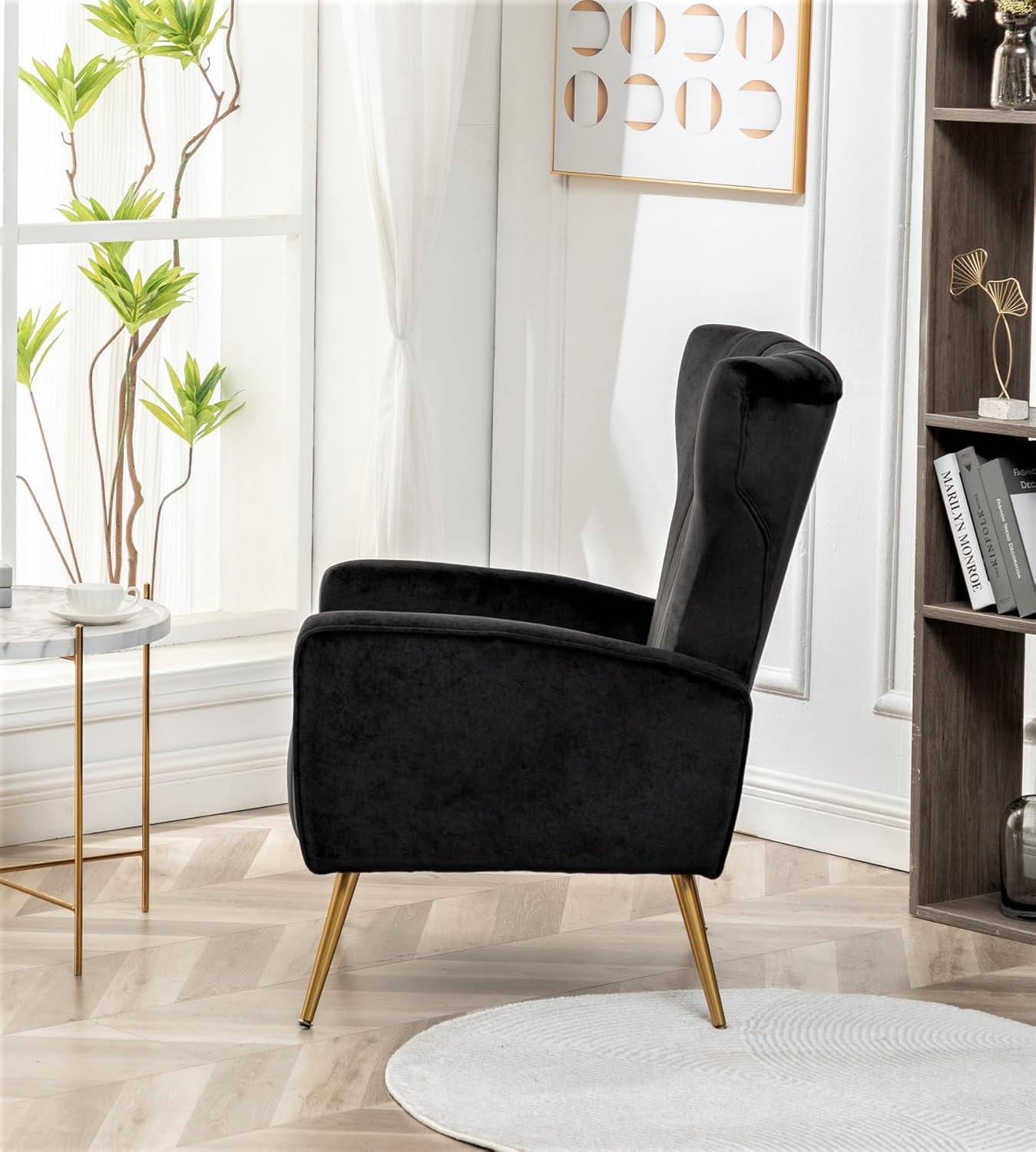 Container Furniture Direct Modern Velvet Accent Chair, Channel Tufted Bedroom, Office or Living Room Furniture with Elegant Metal Legs, 26" Wide Armchair, Black