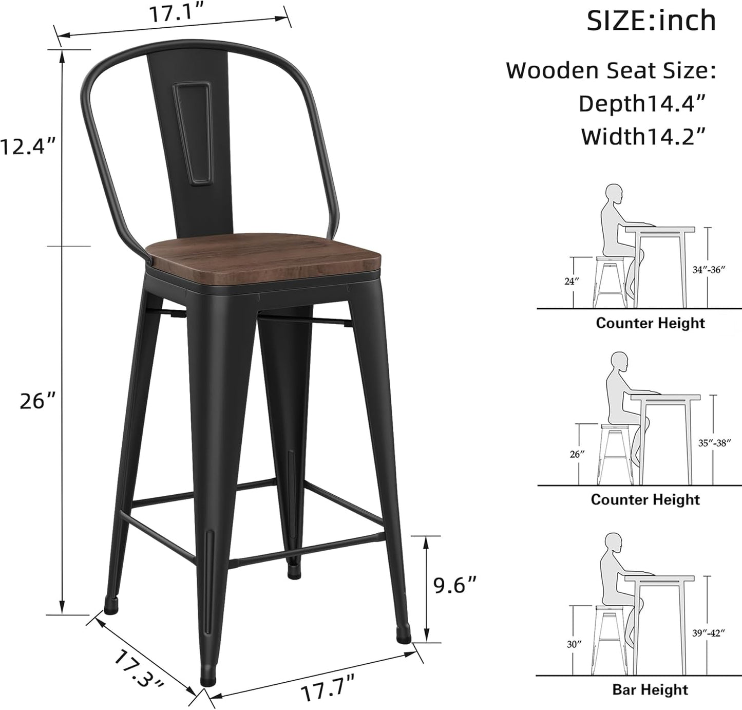 Yongqiang 26 inch Bar Stools Set of 4 High Back Metal Kitchen Counter Height Bar Chairs Barstools with Large Wooden Seat Industrial Matte Black