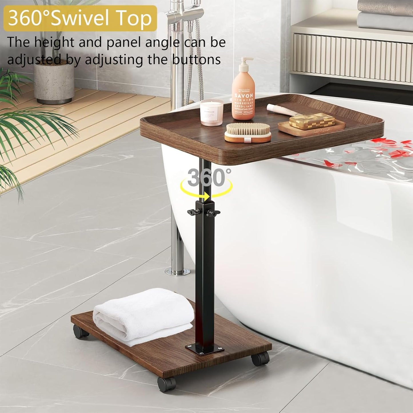 C Table End Table Adjustable Height, 360°Swivel TV Tray Table for Small Spaces, Couch Tables That Slide Under, C Shaped Side Tables with Wheels for Living Room and Bedroom, Bed