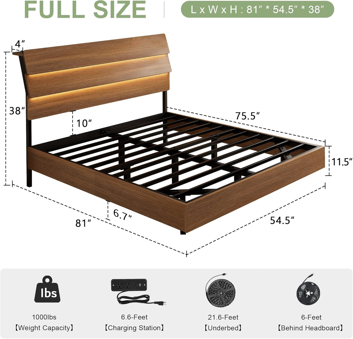 Feonase Floating Bed Frame Full with Led Lights and Charging Station, Wood Full Size Bed Frame with Storage Headboard, Heavy Duty Metal Slats, No Box Spring Needed, Easy Assembly,Walnut
