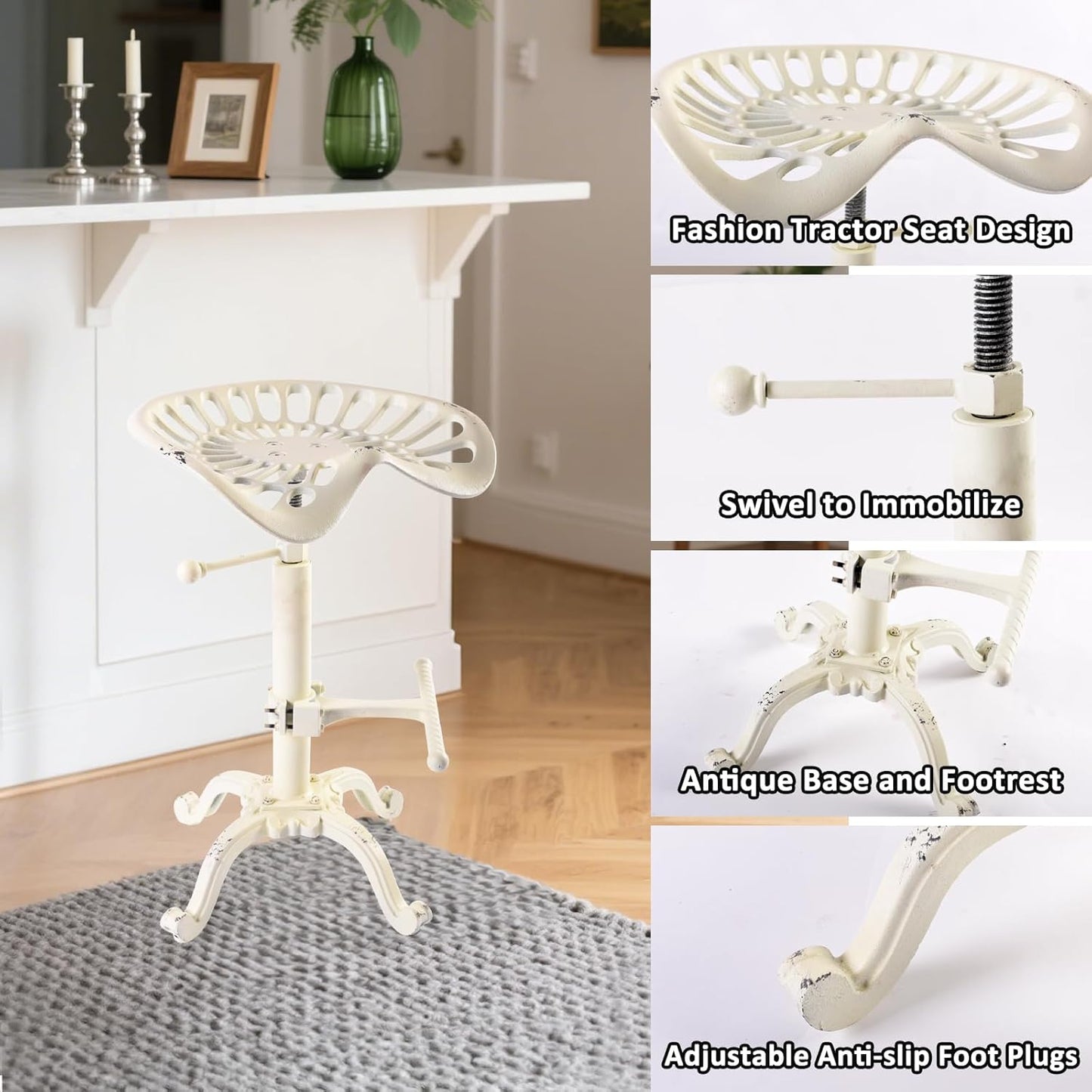 Vintage Tractor Seat Bar Stools Rustic 20-27inch Counter Height Adjustable Kitchen Island Chair Industrial Swivel Saddle Seat for Coffee House Office