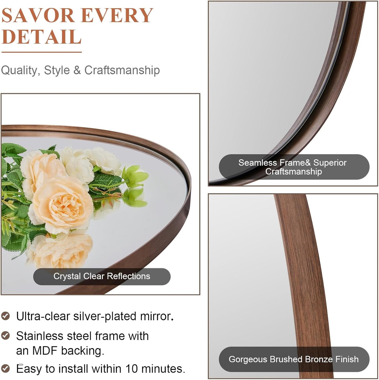 ANDY STAR Bronze Bathroom Mirror, 24x32 Inch Brushed Bronze Oval Mirror for Wall, Modern Bronze Mirror for Bathroom with Stainless Steel Metal Frame, Wall Mount Horizontal or Vertica