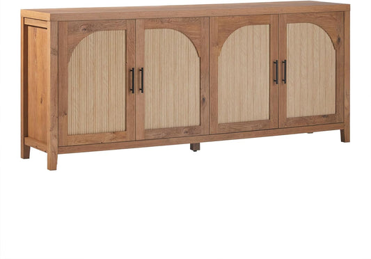 Walker Edison Sasha 4-Door Reeded Sideboard Buffet with Cord Management, 70 Inch, English Oak